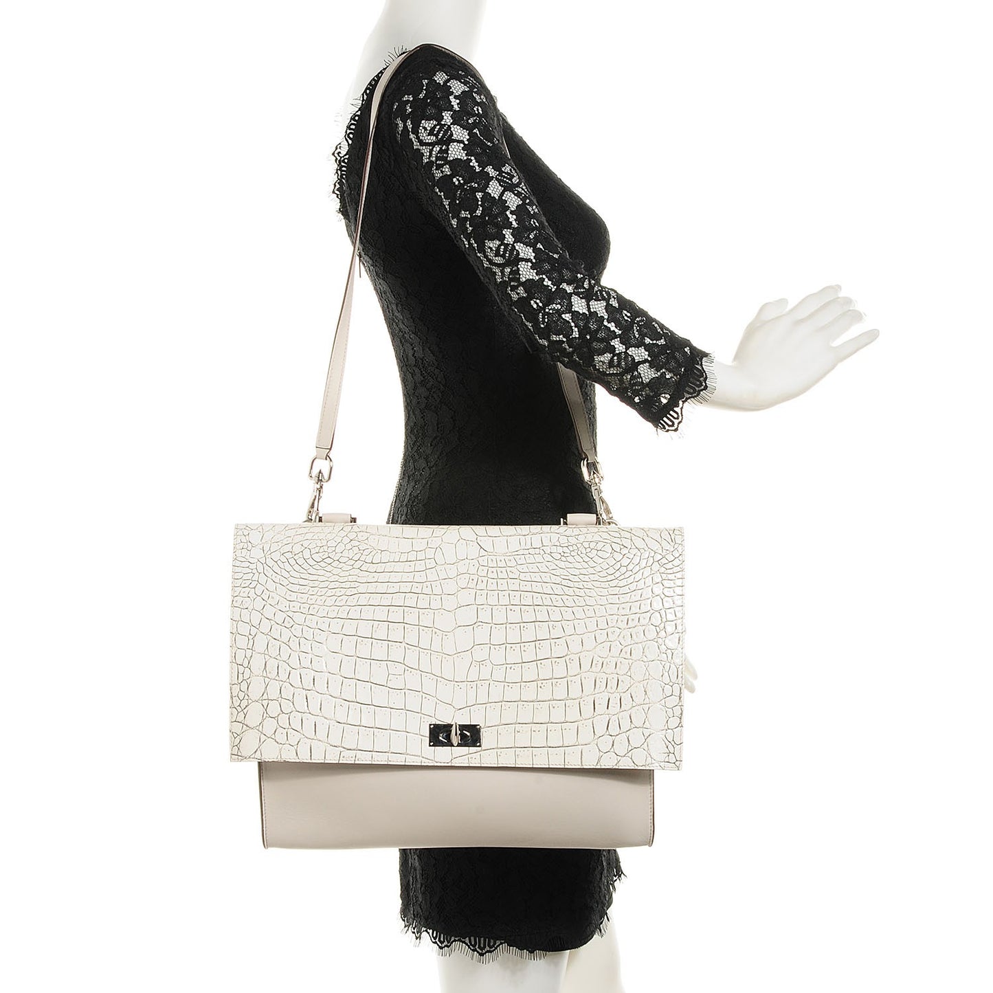 Calfskin Crocodile Embossed Shark Lock Satchel Off White