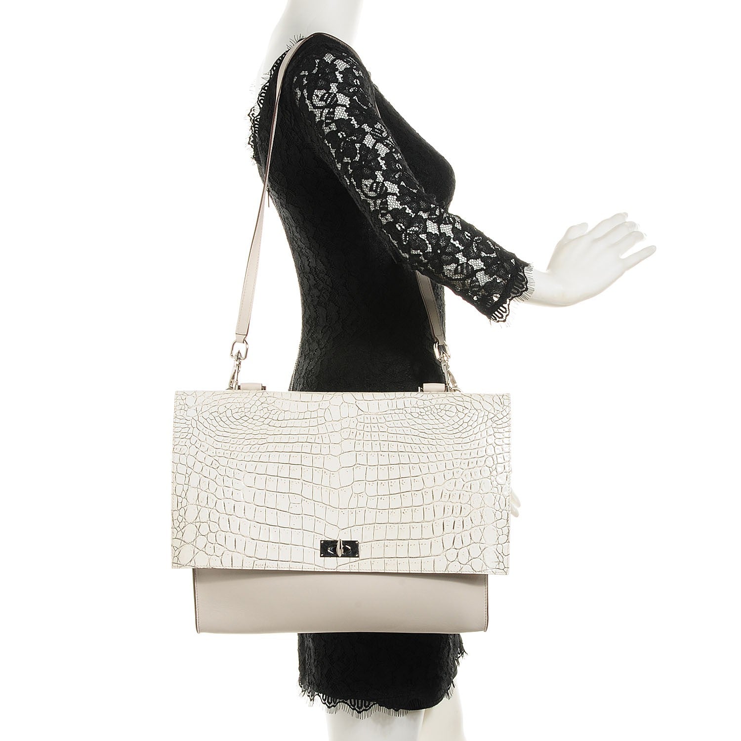 Givenchy Calfskin Crocodile Embossed Shark Lock Satchel Off White 2 of 8