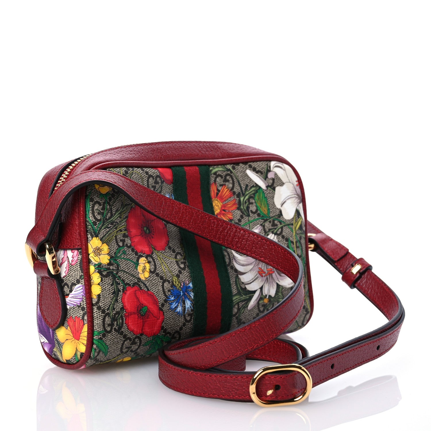 Gucci GG Supreme Monogram Flora Web Mini Ophidia Shoulder Bag Red 2 of 10