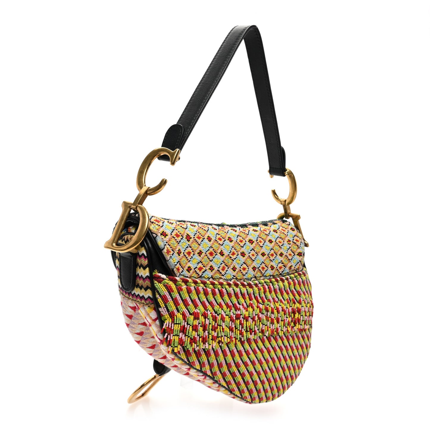 Embroidered Fringe Beaded Medium Saddle Bag Green Multicolor