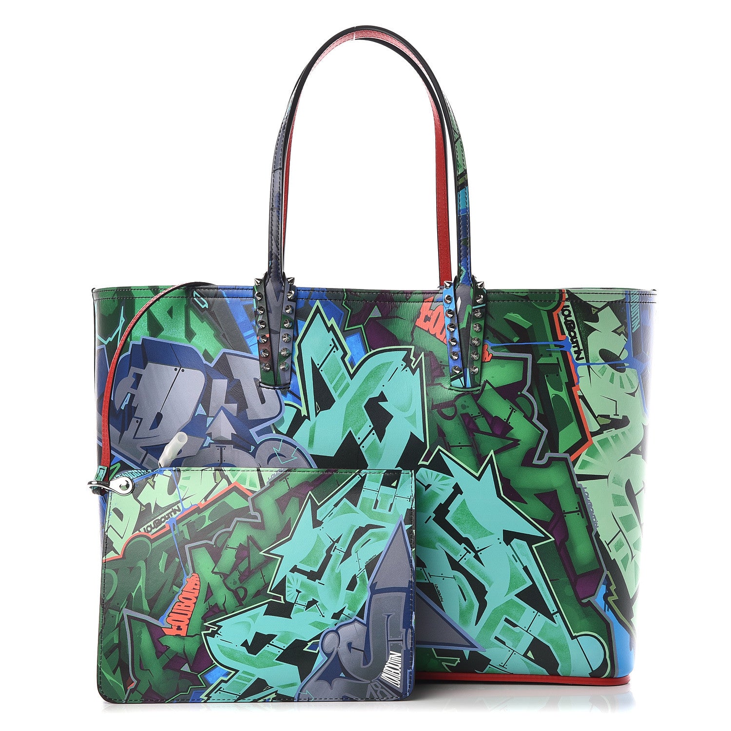 Christian Louboutin Calfskin Metro Graf Spikes East West Cabata Tote Green Multicolor 1 of 13