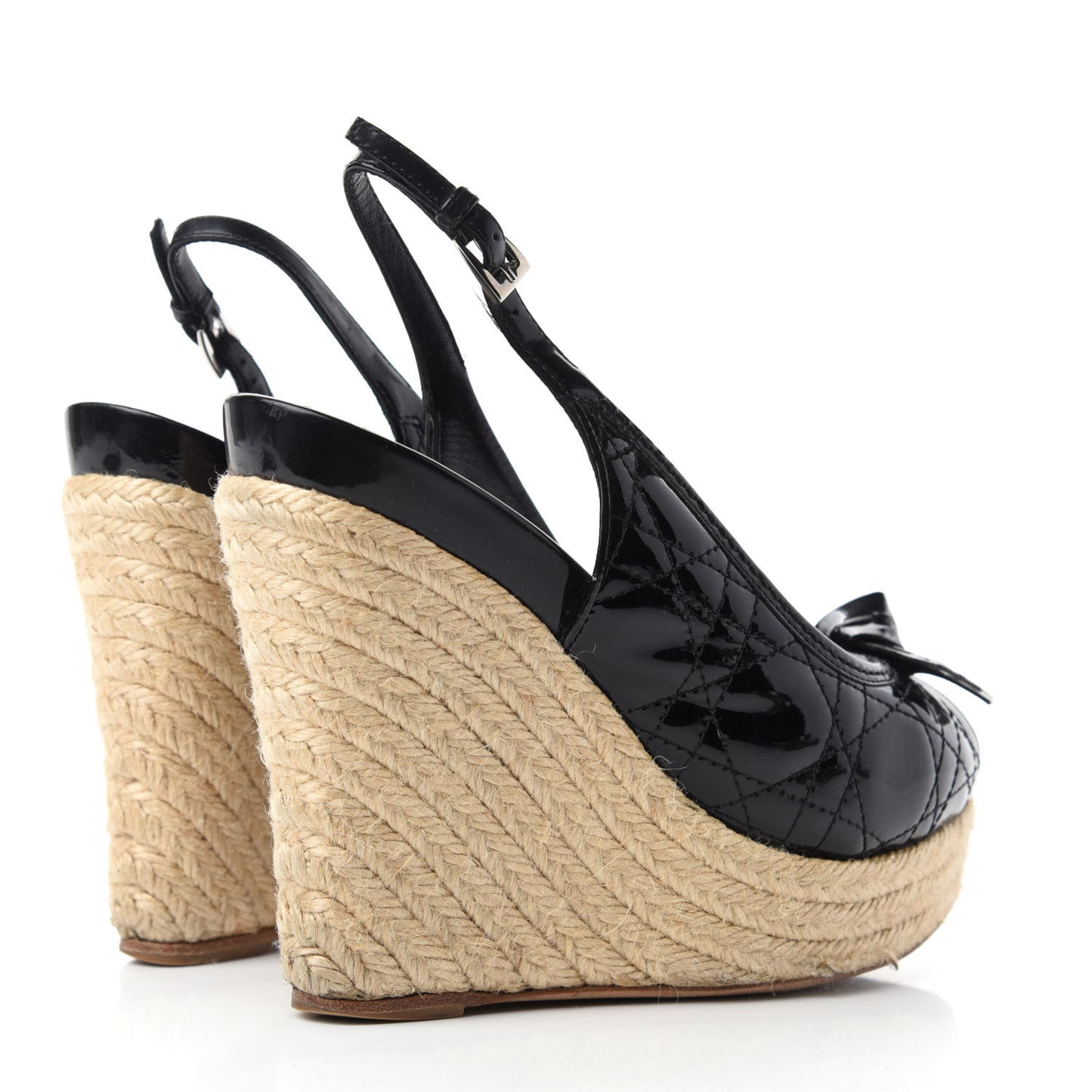 Patent Cannage Ribbon Wedge Sandals 38.5 Black
