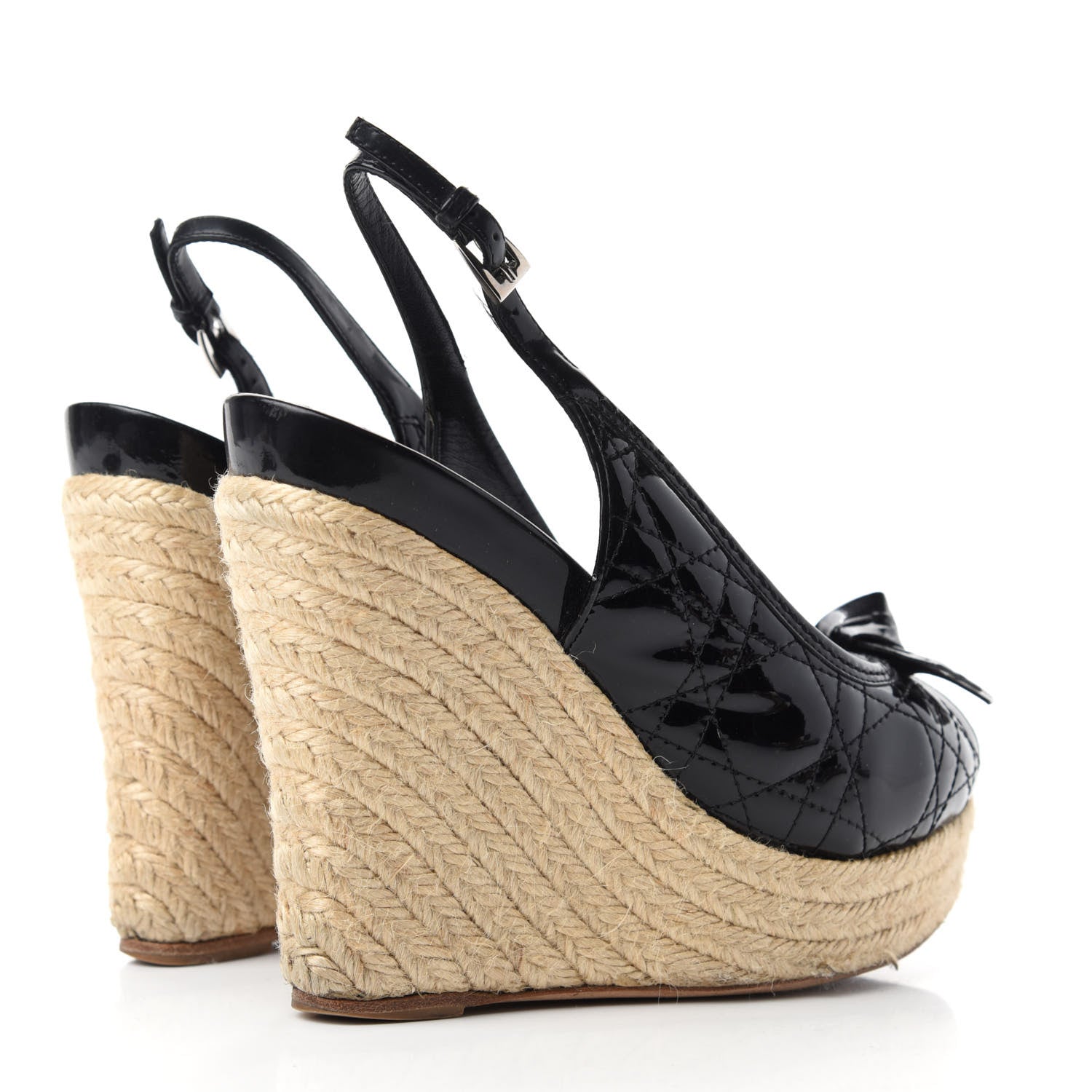 Christian Dior Patent Cannage Ribbon Wedge Sandals 38.5 Black 4 of 16