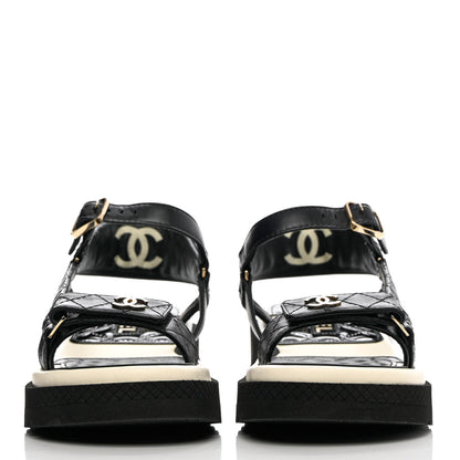 Chanel Lambskin Logo Platform Sandals 37.5 Black White 2 of 9
