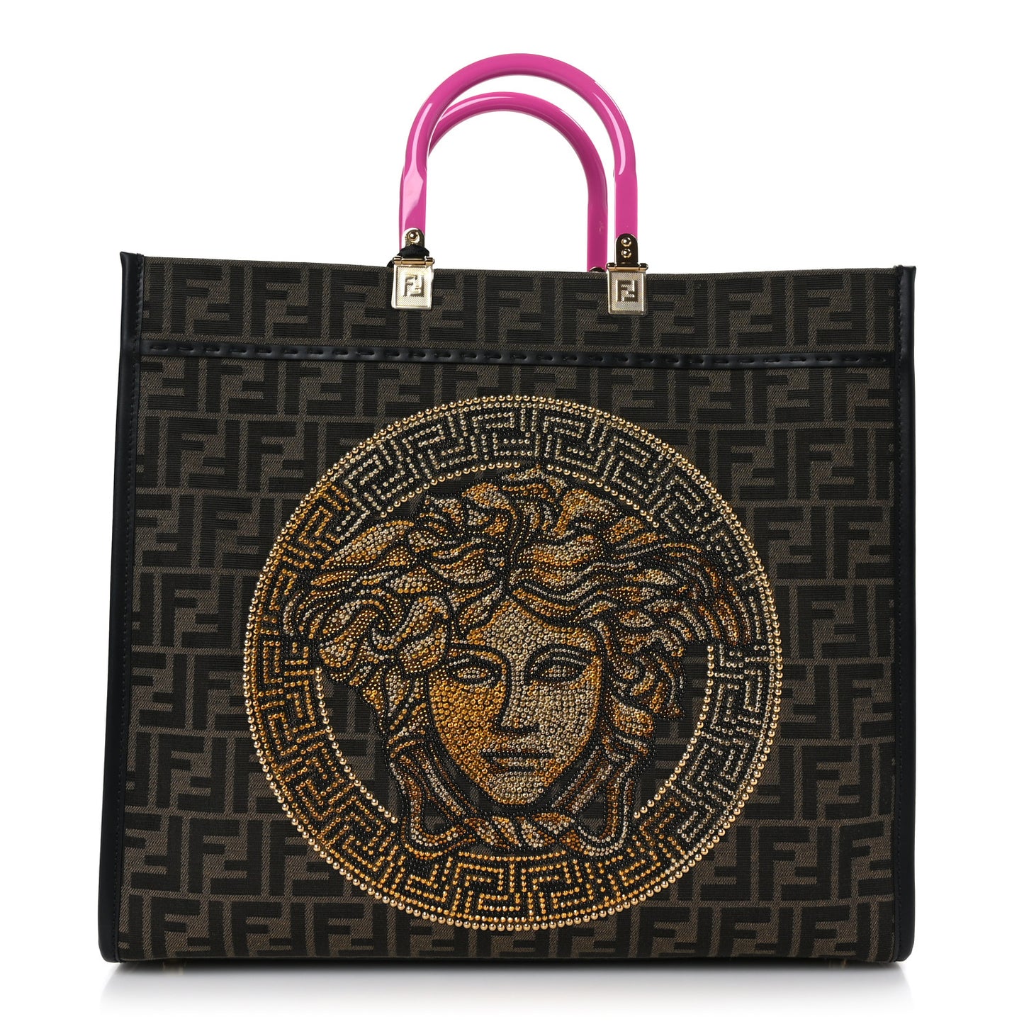 X VERSACE Fabric Jacquard Calfskin Plexiglass Fendace FF Medusa Studded Large Fendi Sunshine Shopper Tote Marrone Fuxia