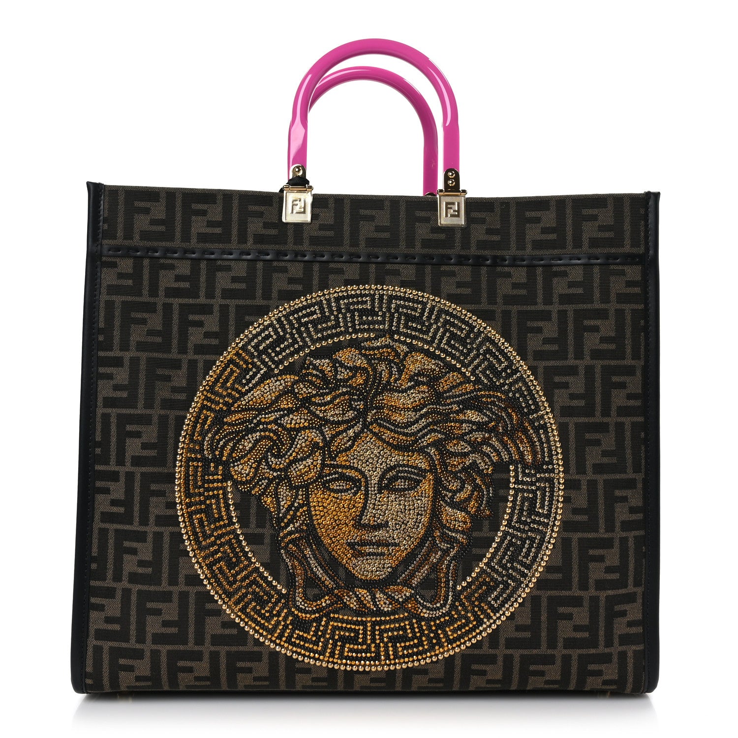 Fendi X VERSACE Fabric Jacquard Calfskin Plexiglass Fendace FF Medusa Studded Large Fendi Sunshine Shopper Tote Marrone Fuxia 1 of 10