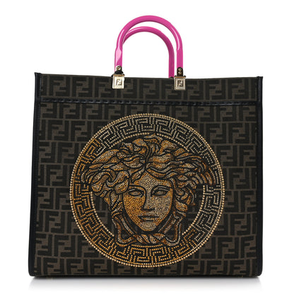 Fendi X VERSACE Fabric Jacquard Calfskin Plexiglass Fendace FF Medusa Studded Large Fendi Sunshine Shopper Tote Marrone Fuxia 1 of 10