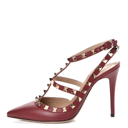 Valentino Garavani Pebbled Calfskin Rockstud Ankle Strap Pumps 37.5 Rubino 1 of 9