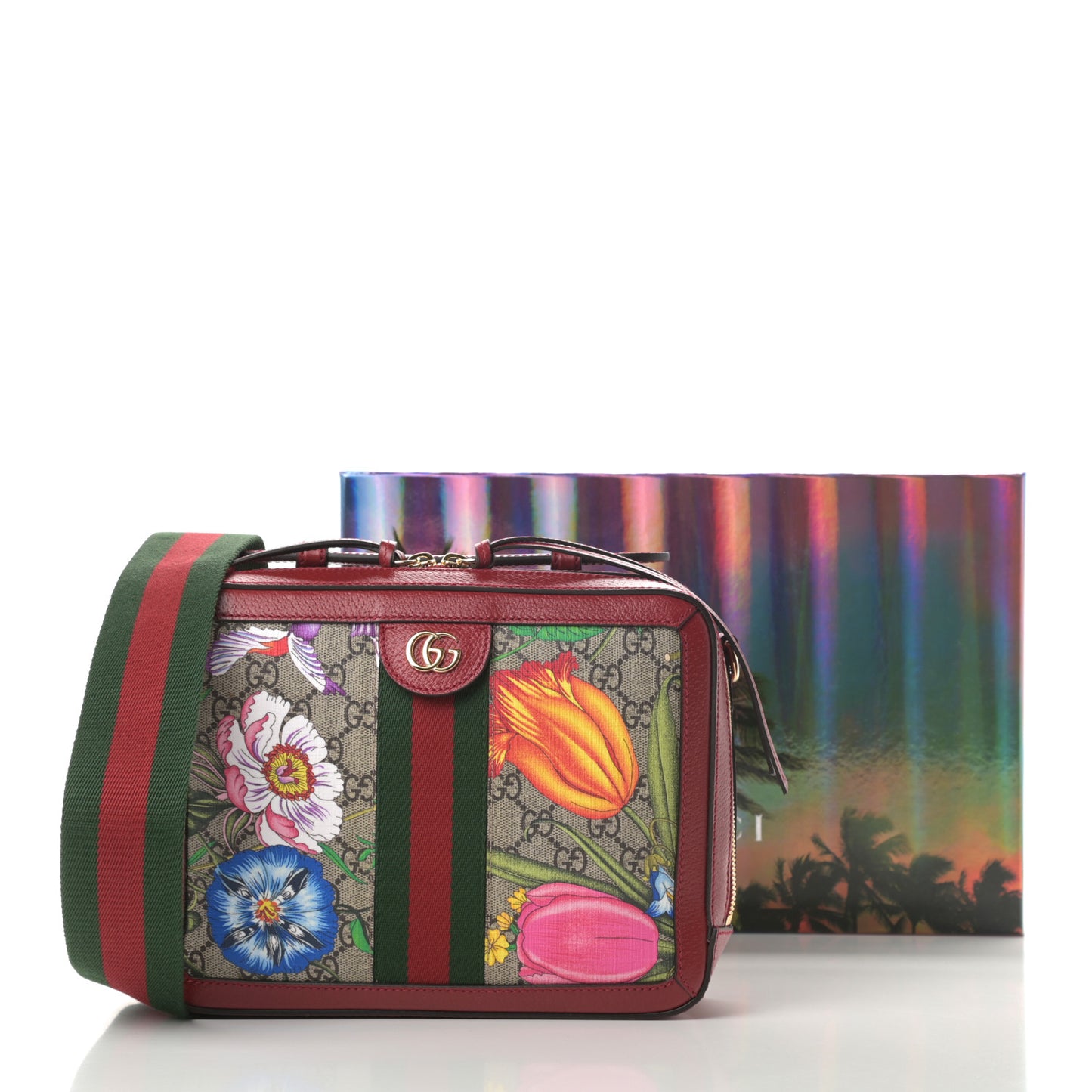 GG Supreme Monogram Flora Web Small Ophidia Top Handle Shoulder Bag Hibiscus Red