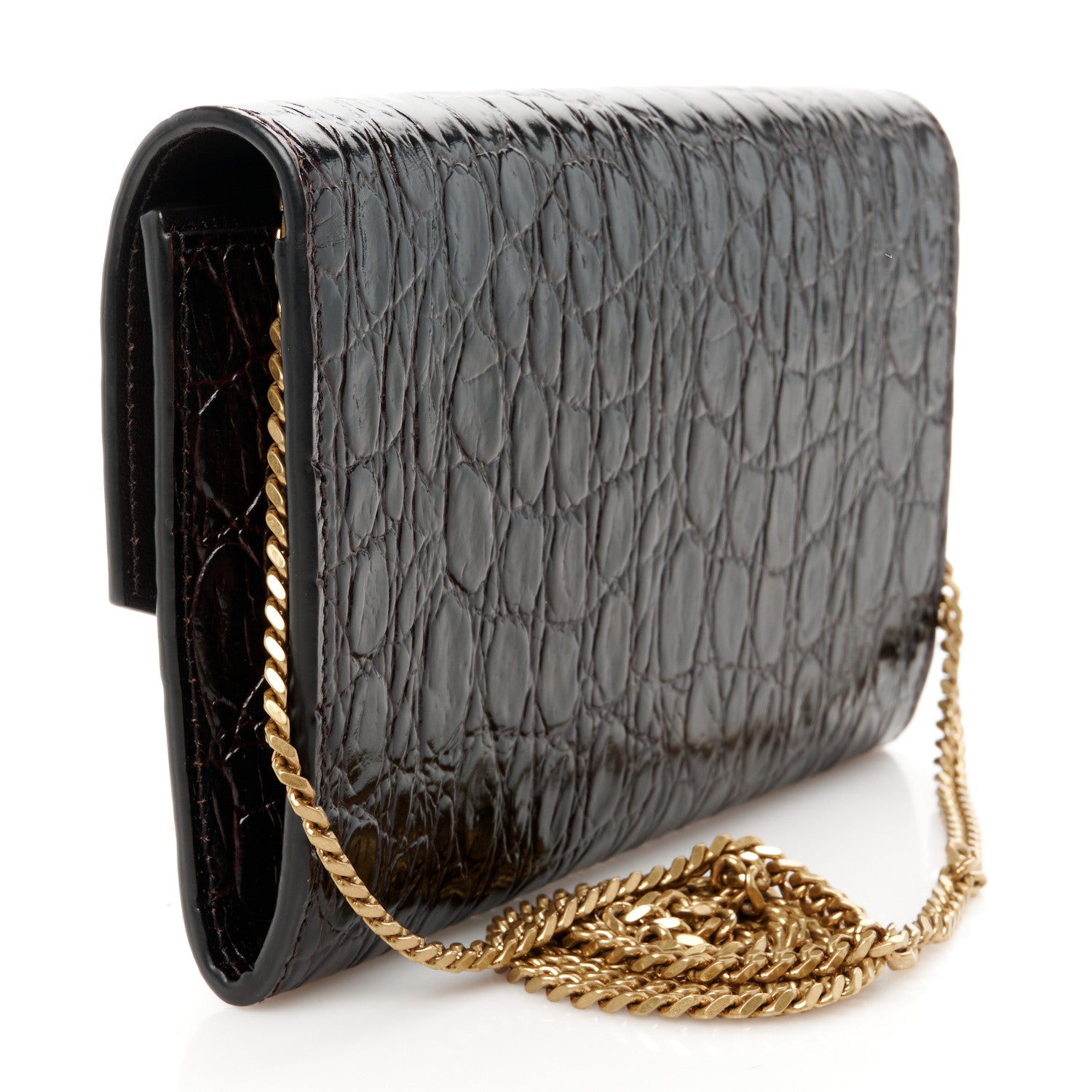 Saint Laurent Calfskin Crocodile Embossed Monogram Uptown Chain Wallet Fondente 3 of 11