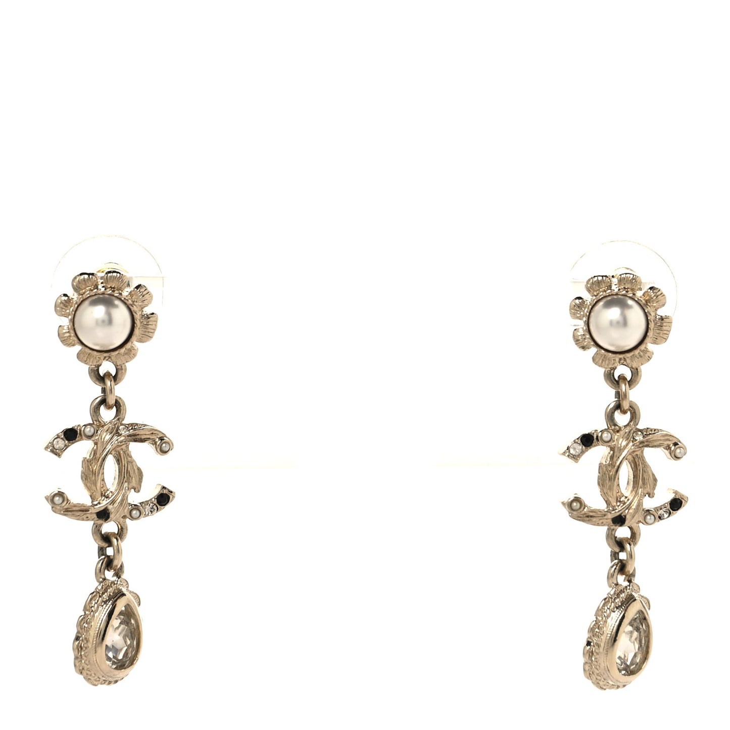 Crystal Pearl CC Drop Earrings Gold