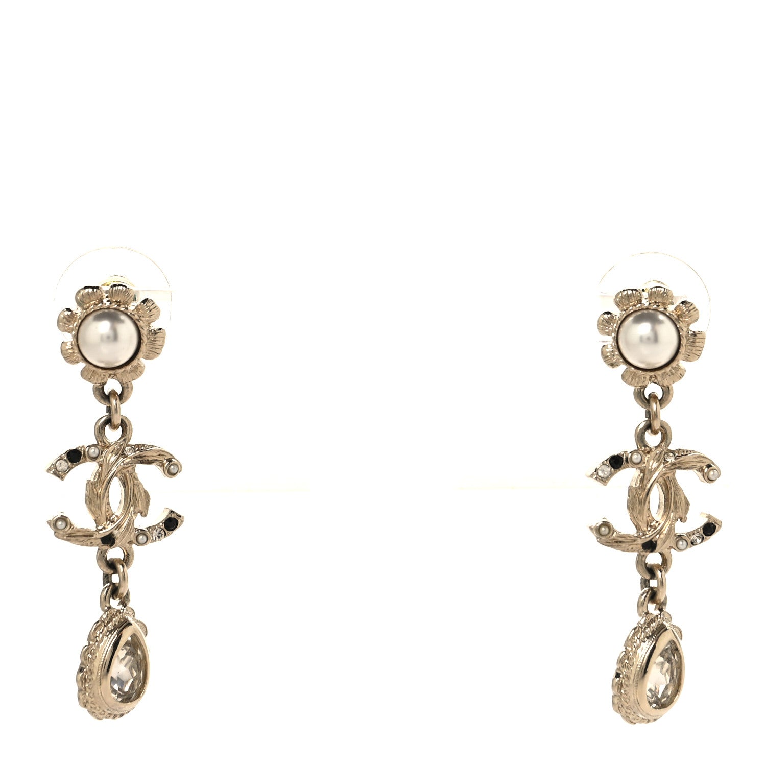 Chanel Crystal Pearl CC Drop Earrings Gold 1 of 4