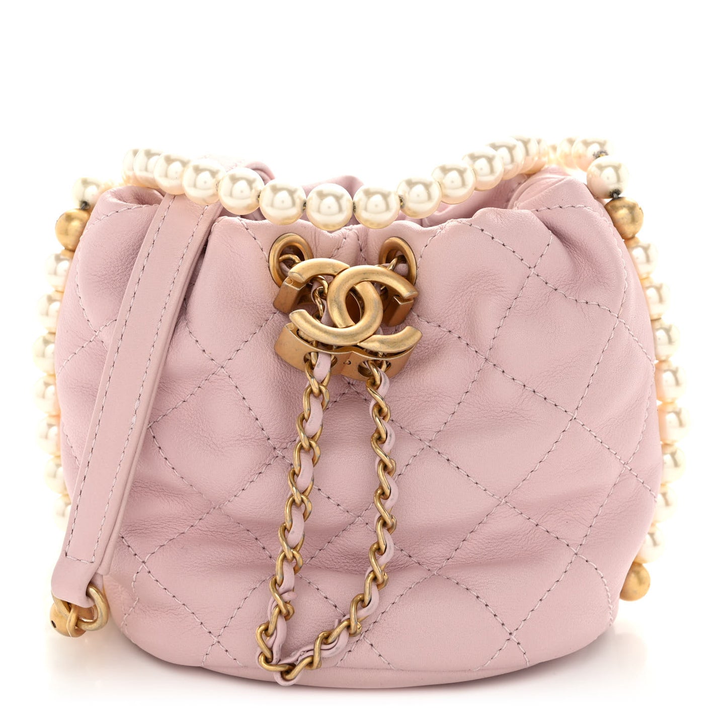 Calfskin Quilted Pearl Mini About Pearls Drawstring Bucket Light Pink
