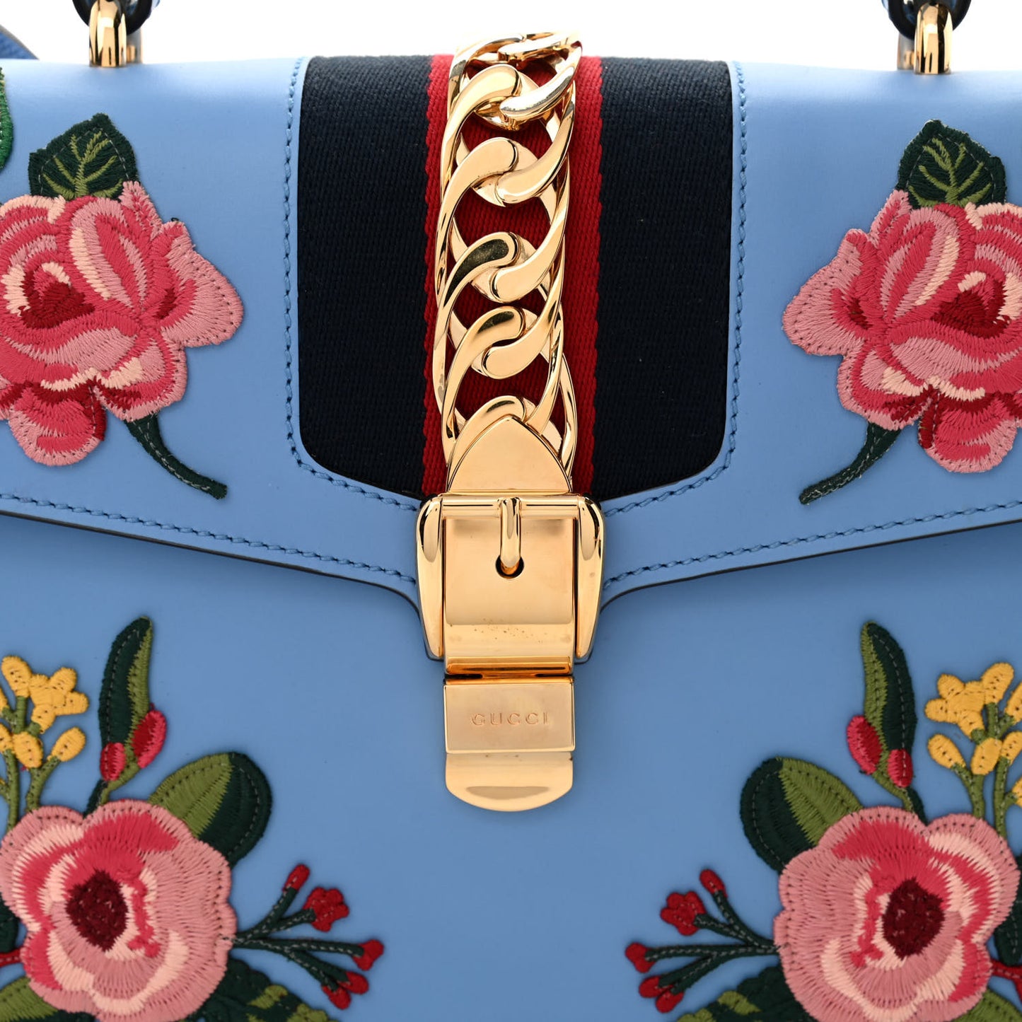 Calfskin Embroidered Medium Sylvie Top Handle Bag Clear Sky Blue