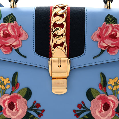 Gucci Calfskin Embroidered Medium Sylvie Top Handle Bag Clear Sky Blue 8 of 10