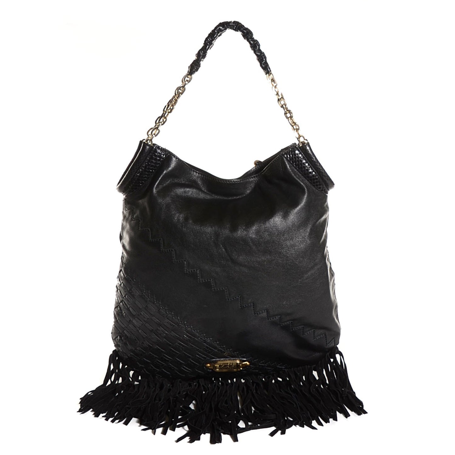 Lambskin Python Fringe Tatum Shoulder Bag Black