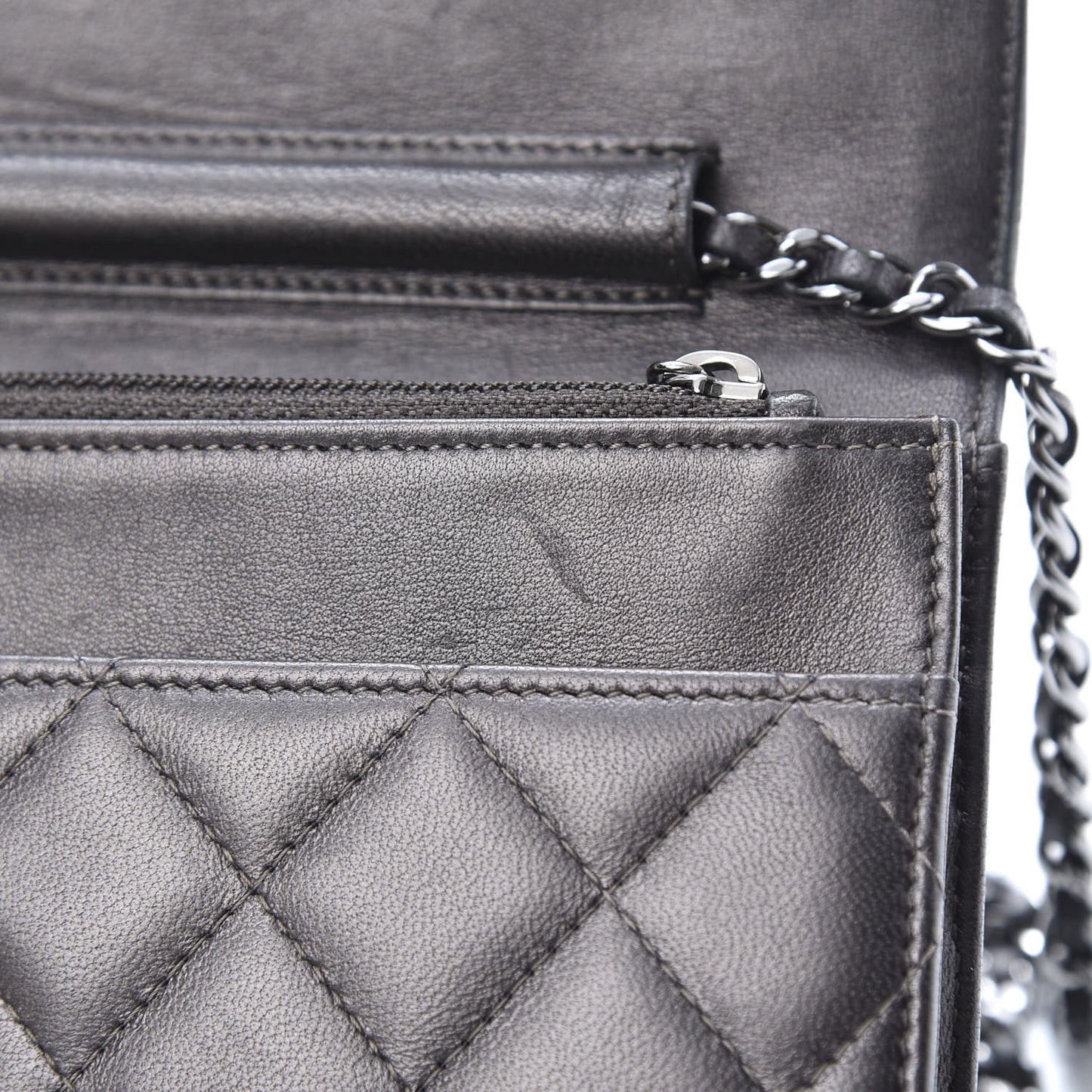 Iridescent Lambskin Quilted Wallet On Chain WOC Grey