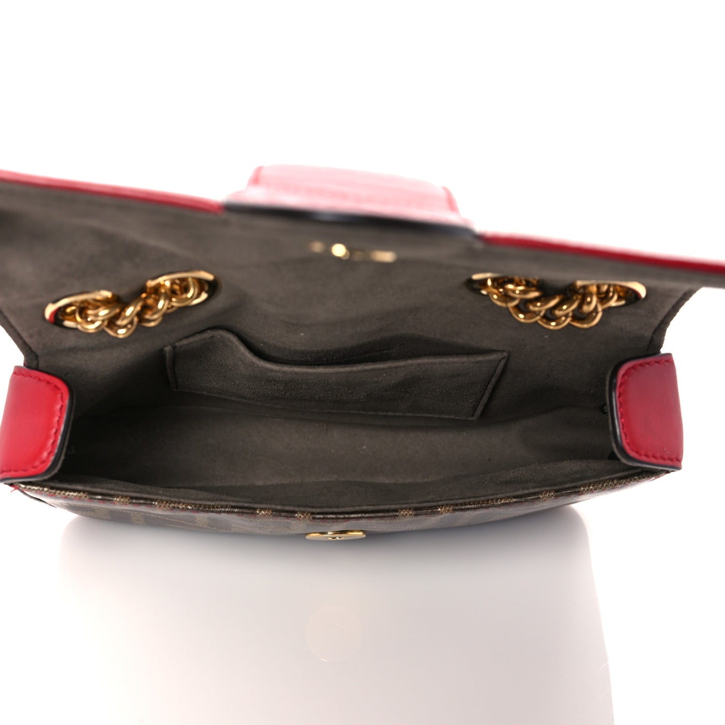 Glazed Fabric Vitello Century FF 1974 Stamp Patch Mini Double F Crossbody Bag Mogano Panna Fragola