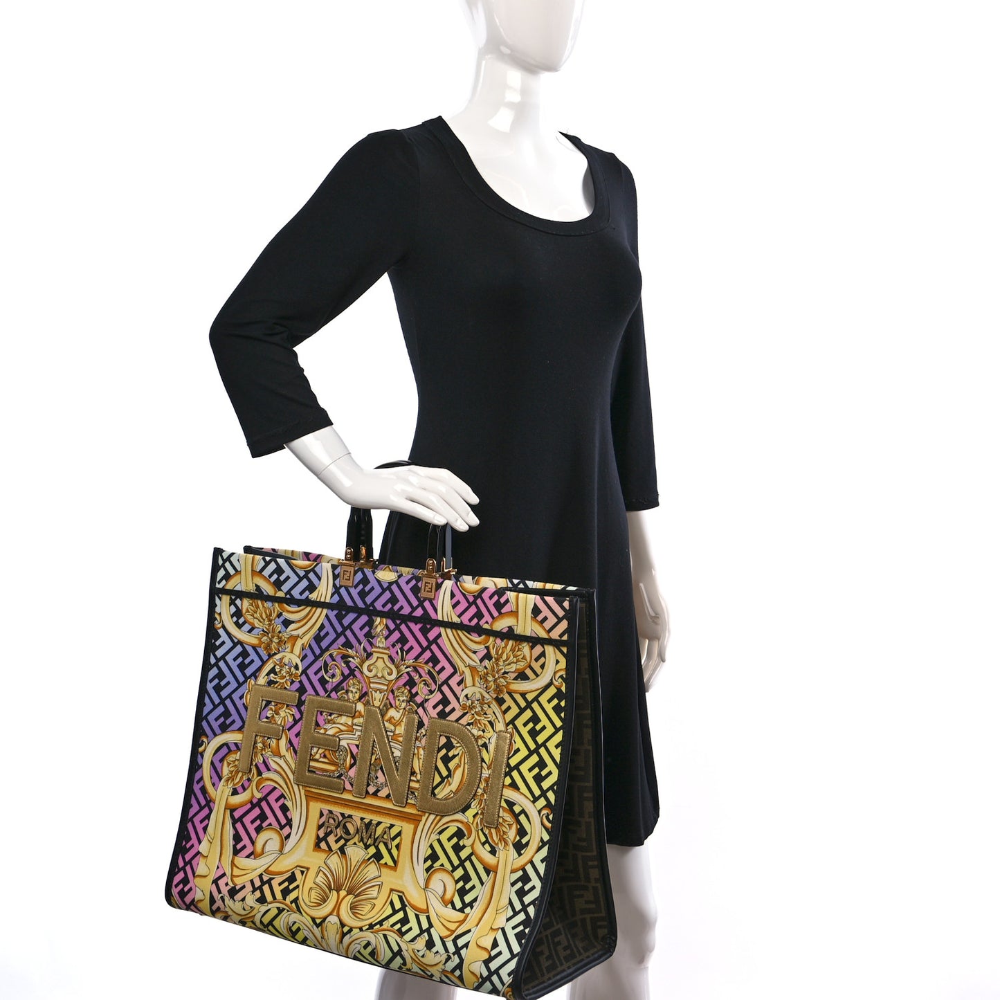 X VERSACE Canvas Printed Plexiglass Fendace FF Baroque XL Fendi Sunshine Shopper Tote Gold