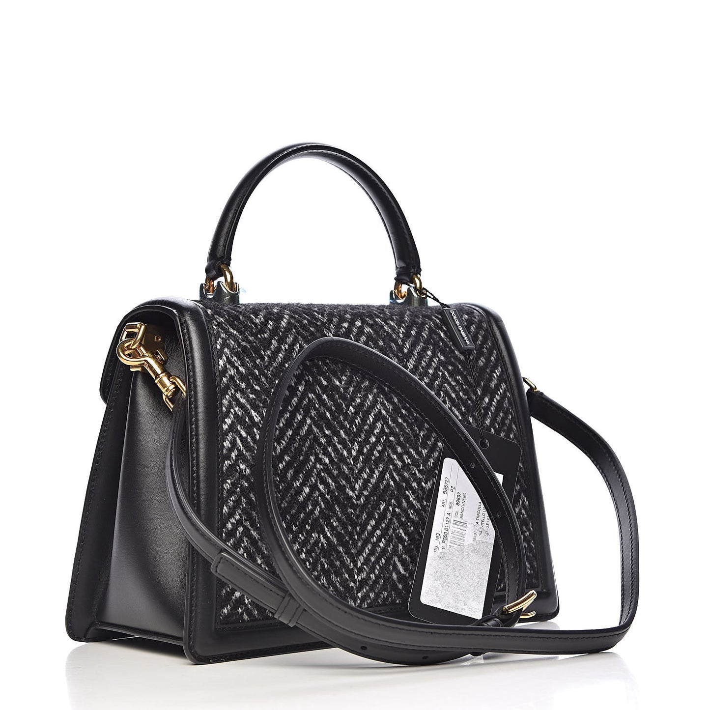 Calfskin Tweed Chevron Medium Devotion Top Handle Bag Black