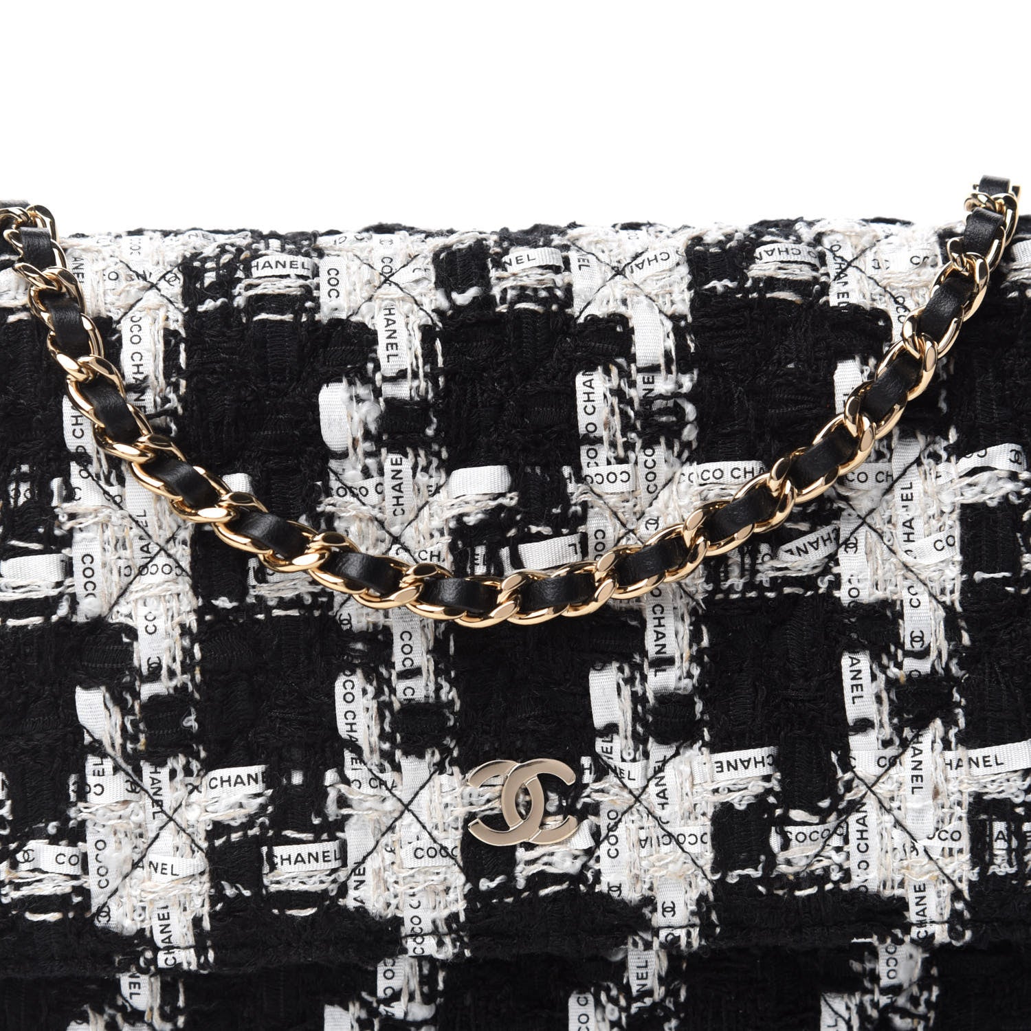 Chanel Tweed Quilted Wallet On Chain WOC Black Ecru White 11 of 12