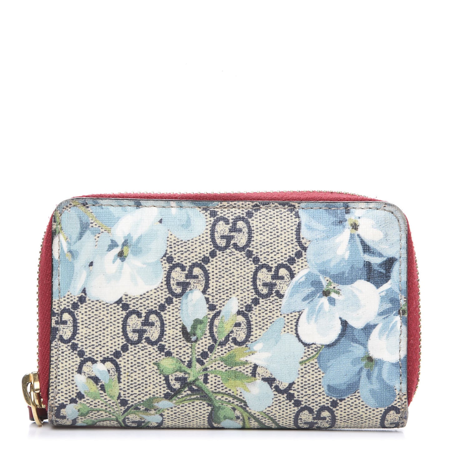 GG Supreme Monogram Blooms Zip Around Card Case Wallet Beige Blue Navy Hibiscus Red