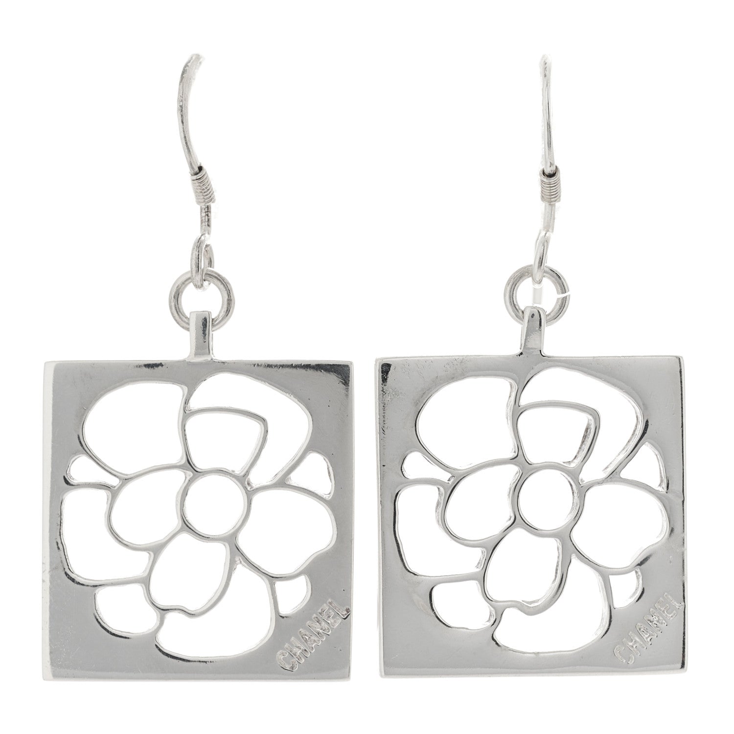 Chanel Sterling Silver Camellia Square Drop Earrings 1 of 4