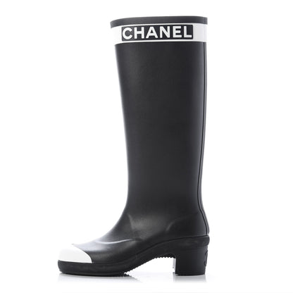 Chanel Rubber Logo Rain Boots 36 Black White 1 of 13