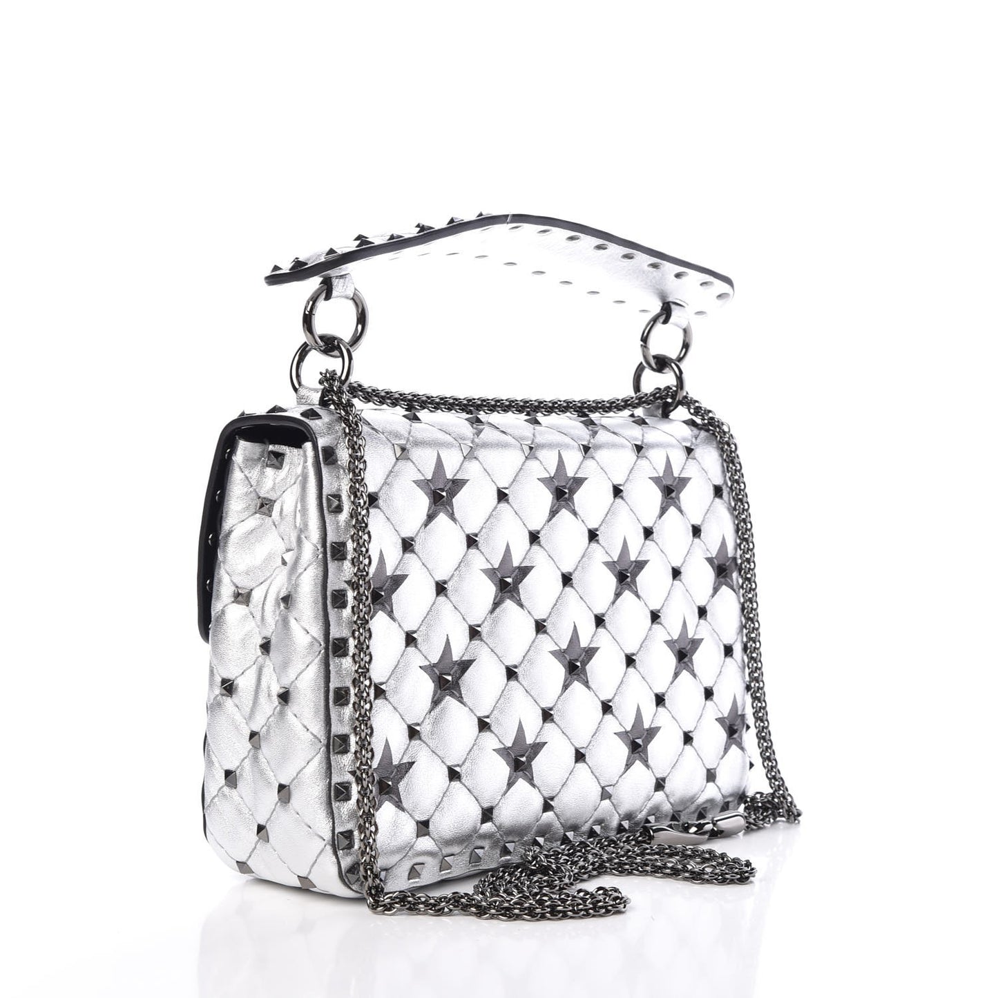 Metallic Lambskin Medium Star Rockstud Spike Shoulder Bag Silver