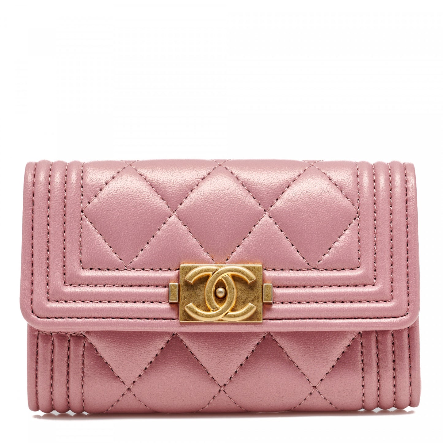 Metallic Lambskin Quilted Boy Card Holder Wallet Pink