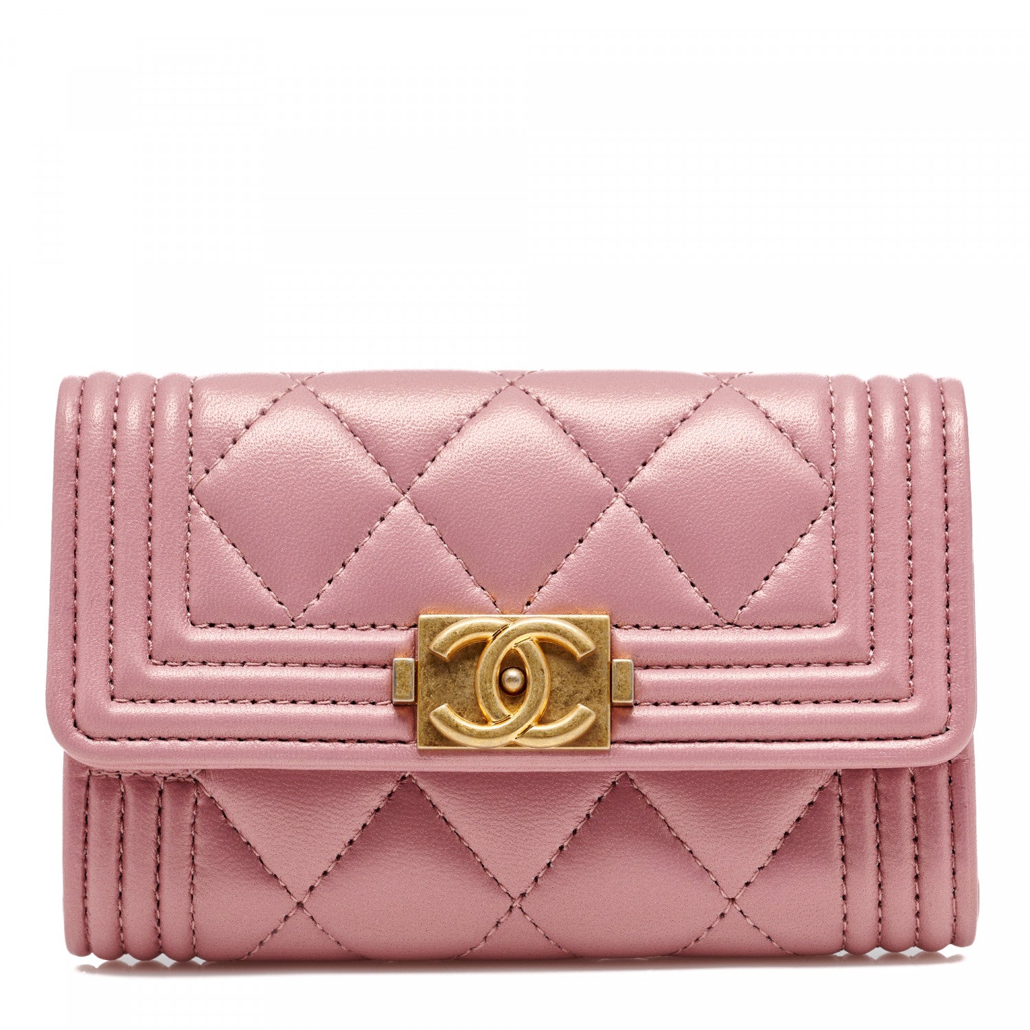 Chanel Metallic Lambskin Quilted Boy Card Holder Wallet Pink 1 of 11