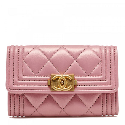 Chanel Metallic Lambskin Quilted Boy Card Holder Wallet Pink 1 of 11