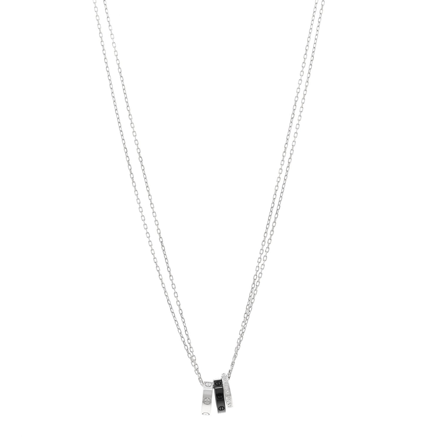 Cartier 18K White Gold Ceramic Diamond Three Ring LOVE Necklace 1 of 4