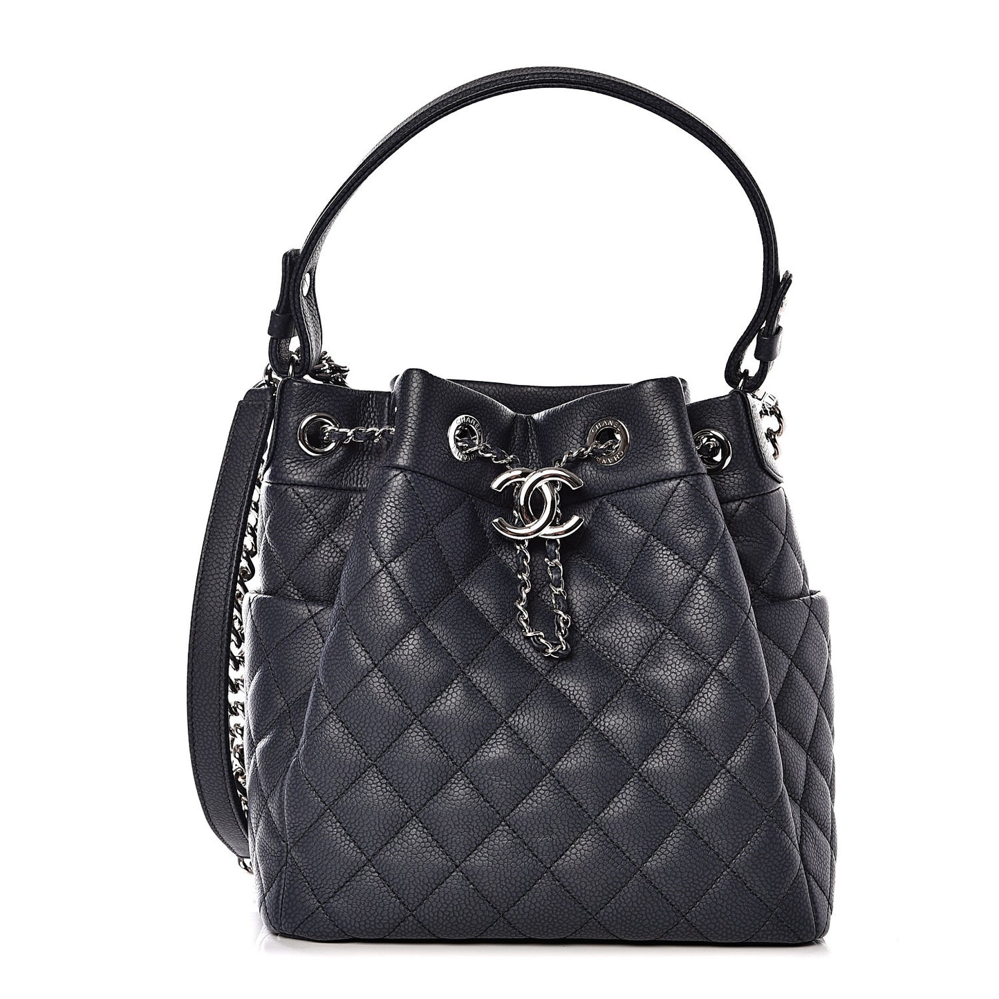 Grained Calfskin Quilted Medium CC Chain Bucket Drawstring Bag Blue