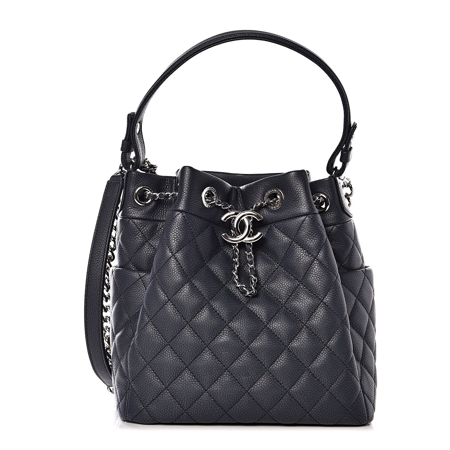 Chanel Grained Calfskin Quilted Medium CC Chain Bucket Drawstring Bag Blue 1 of 8