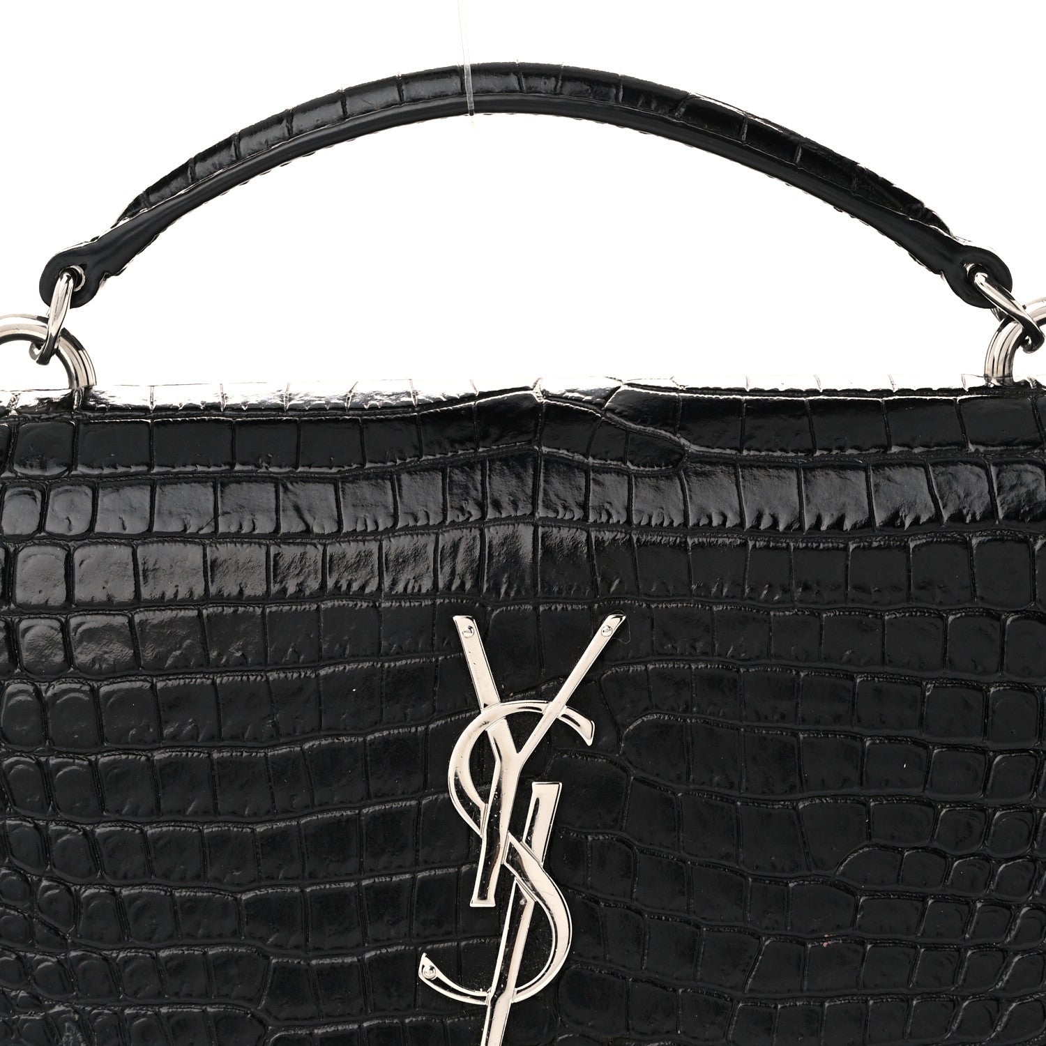 Saint Laurent Calfskin Crocodile Embossed Monogram Sunset Top Handle Chain Wallet Black 7 of 10