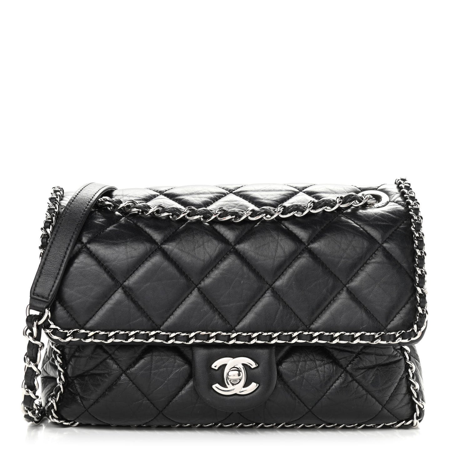 Crumpled Calfskin Medium Chain All Over Flap Black