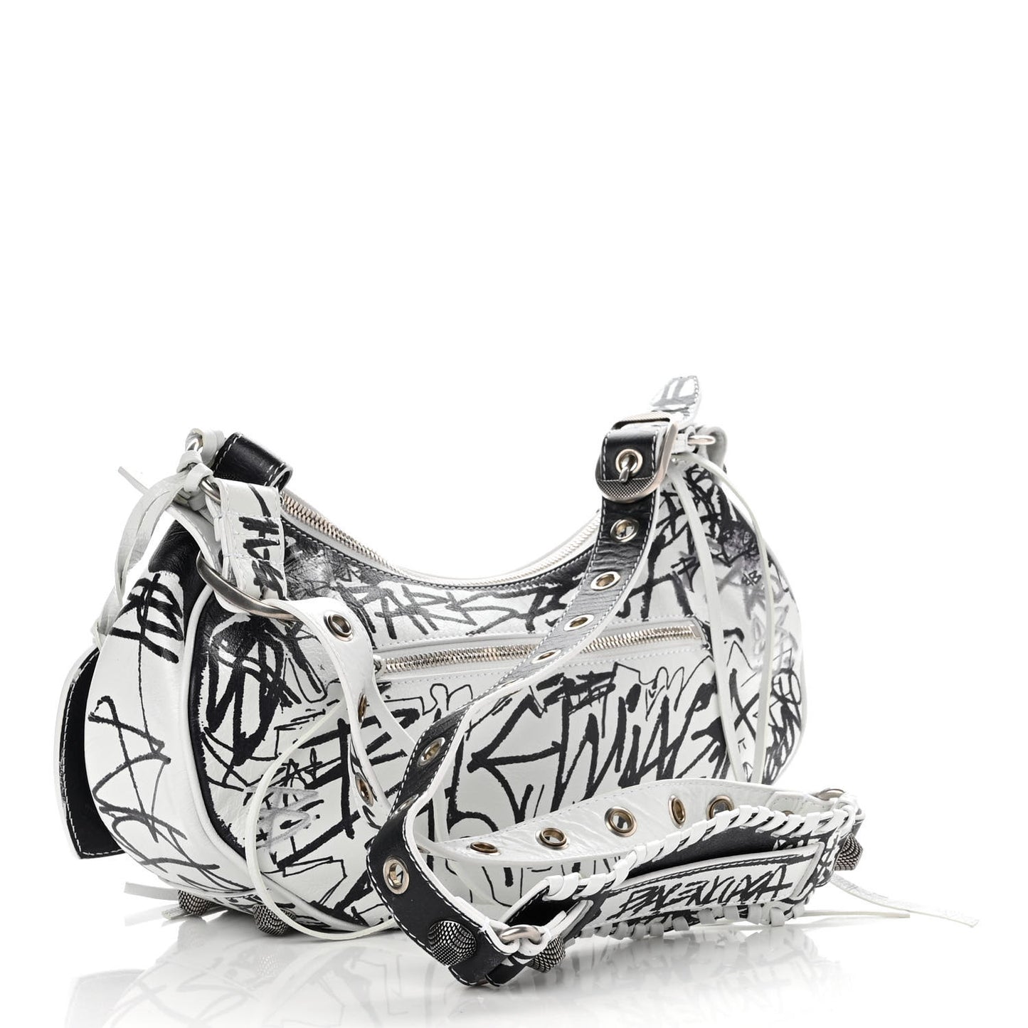 Agneau Arena Graffiti Small Le Cagole Shoulder Bag White Black
