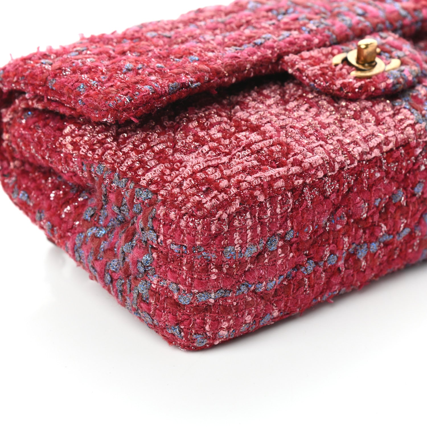 Chanel Tweed Quilted Medium Double Flap Raspberry Blue Pink 9 of 10