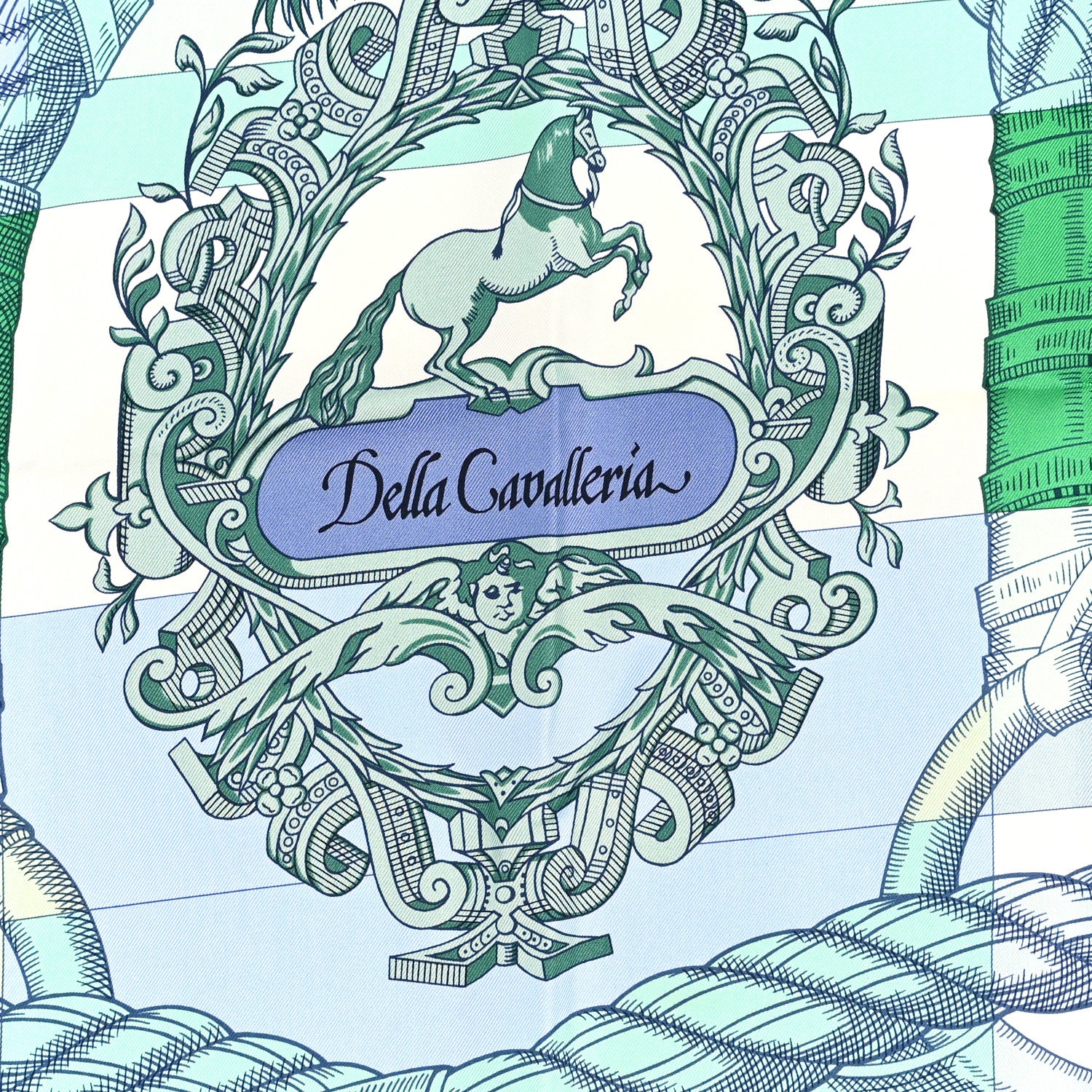 Hermes Silk Double Face Della Cavalleria Finesse Scarf 90 Bleu Vert Lavande 3 of 4