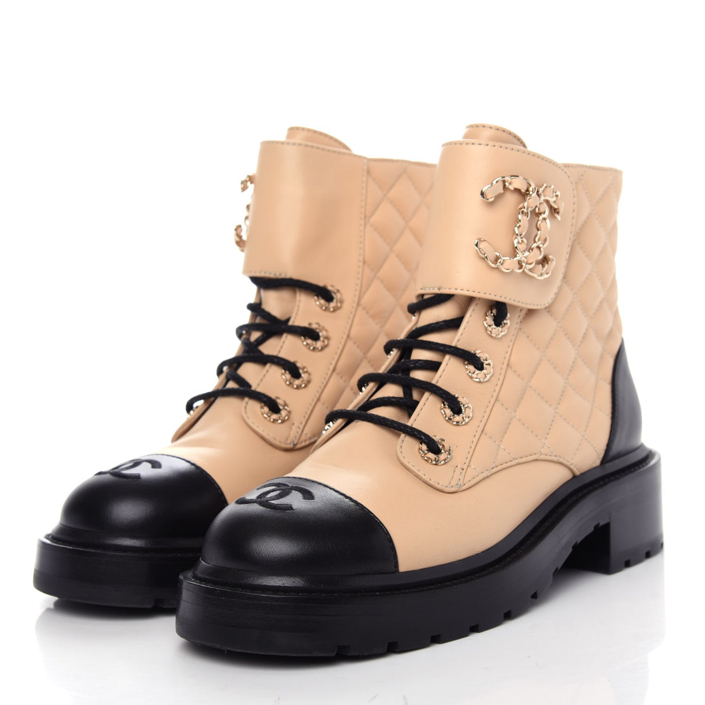Lambskin Calfskin Quilted Lace Up Combat Boots 36.5 Beige Black