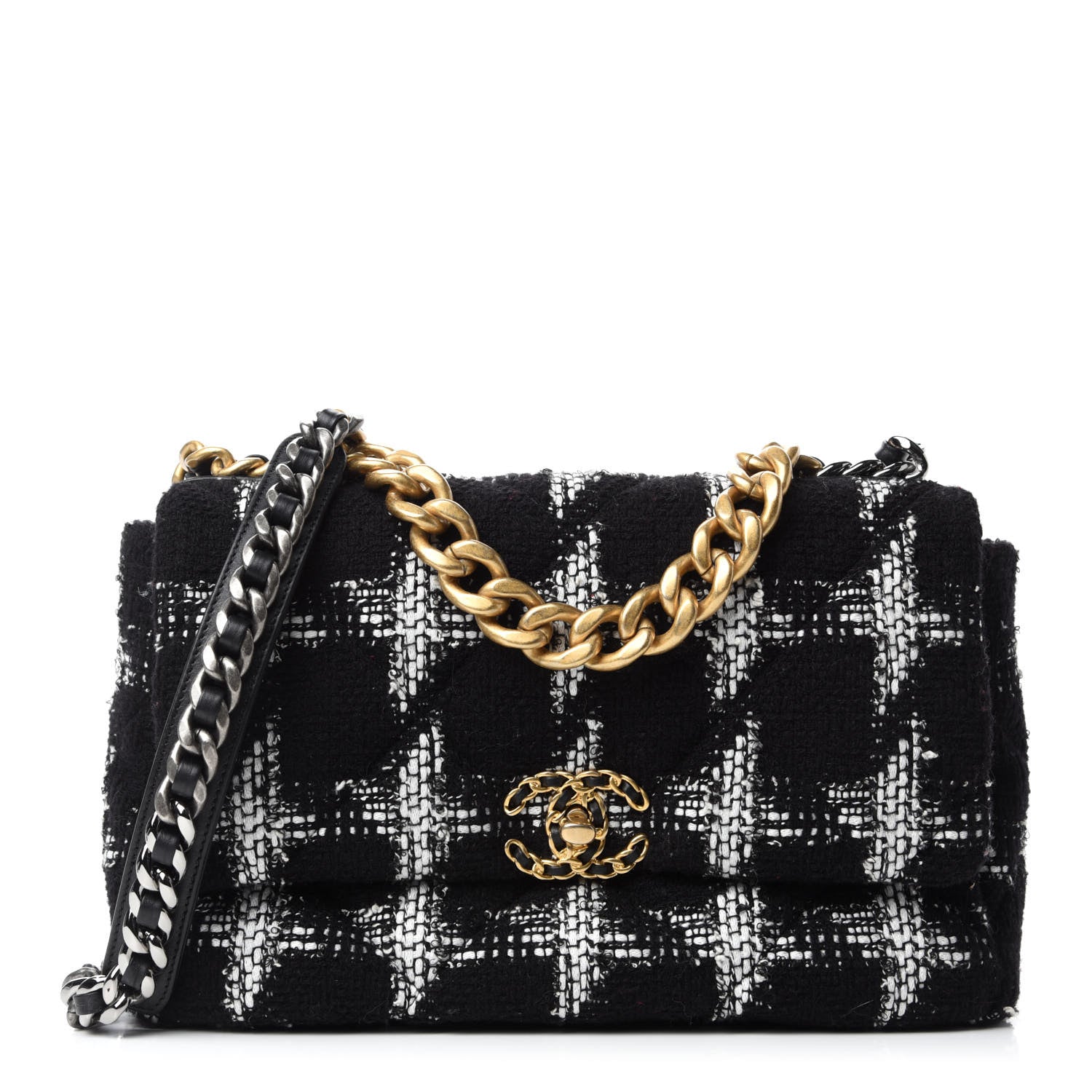 Chanel Tweed Quilted Large Chanel 19 Flap Black White 1 of 10