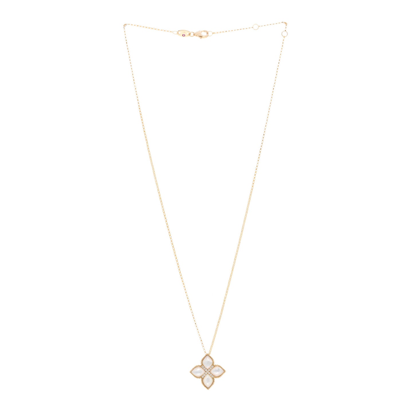 18K Yellow Gold Diamond Mother of Pearl Venetian Princess Medium Flower Pendant Necklace