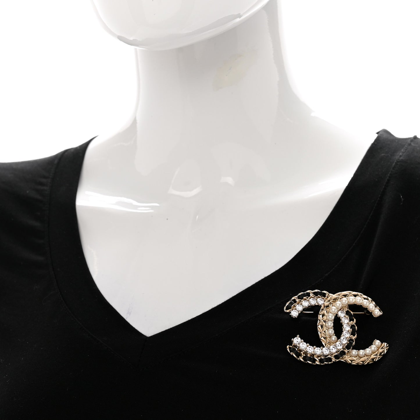 Lambskin Crystal CC Chain Brooch Black Gold