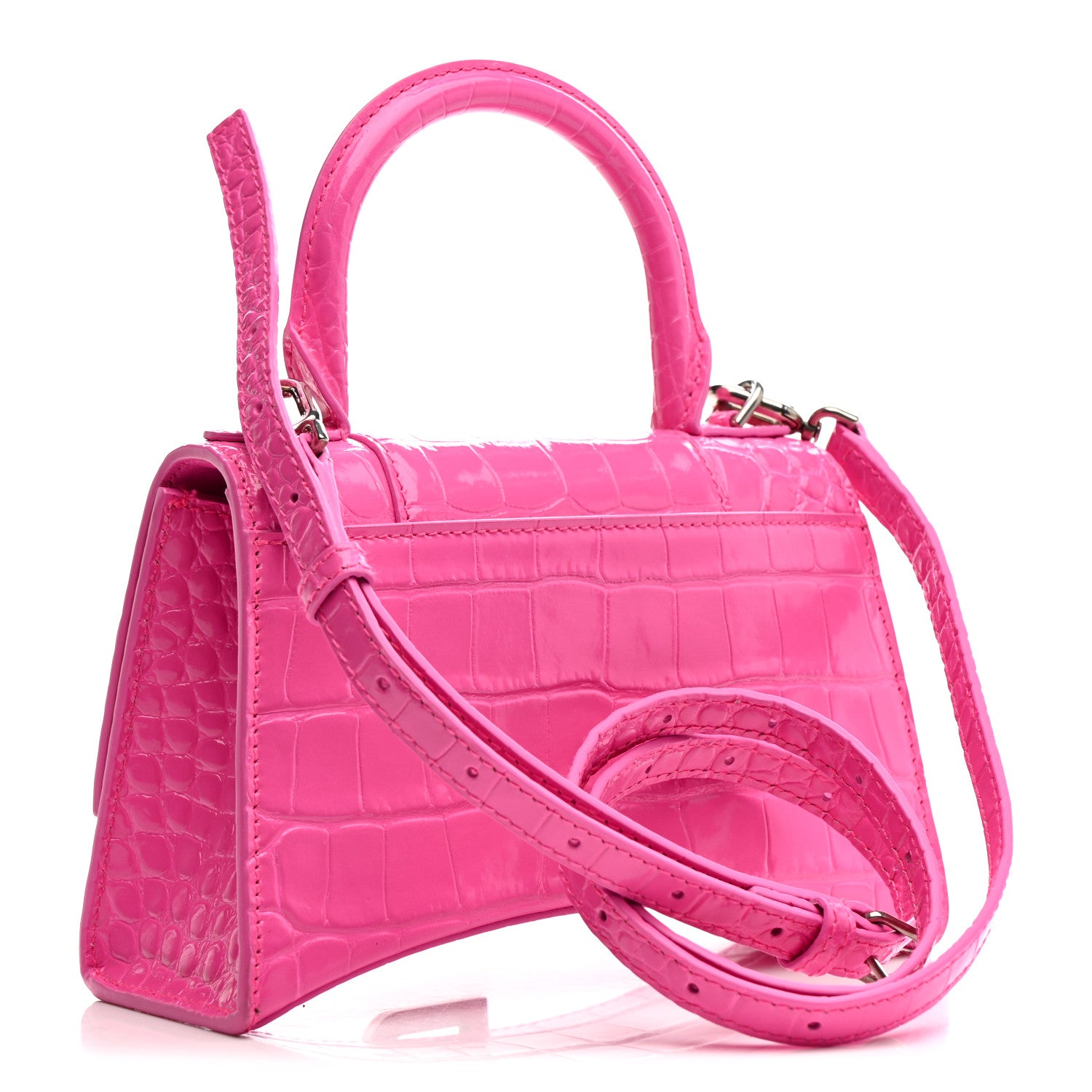 Balenciaga Shiny Calfskin Crocodile Embossed Hourglass Top Handle Bag XS Neon Pink 3 of 15