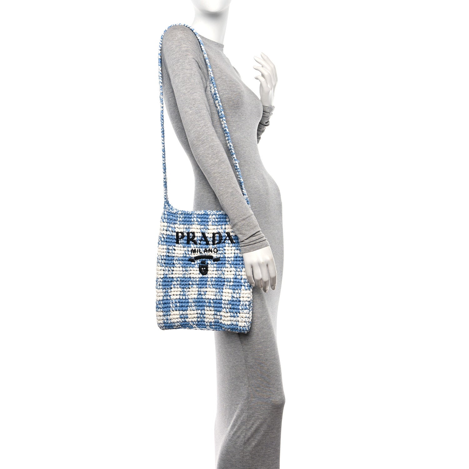 Prada Yarn Raffia Effect Crochet Embroidered Logo Tote Messenger Bag Celeste 2 of 9