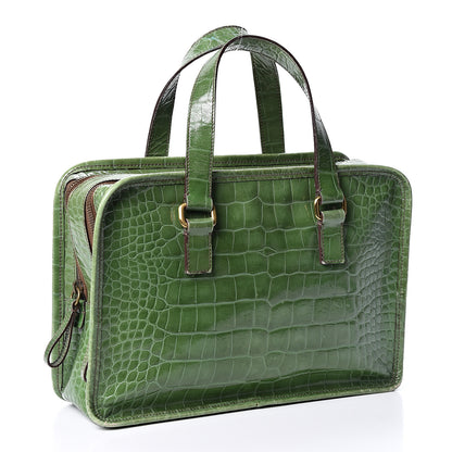 Prada Shiny Calfskin Crocodile Embossed Double Zip Bauletto Larice 2 of 11