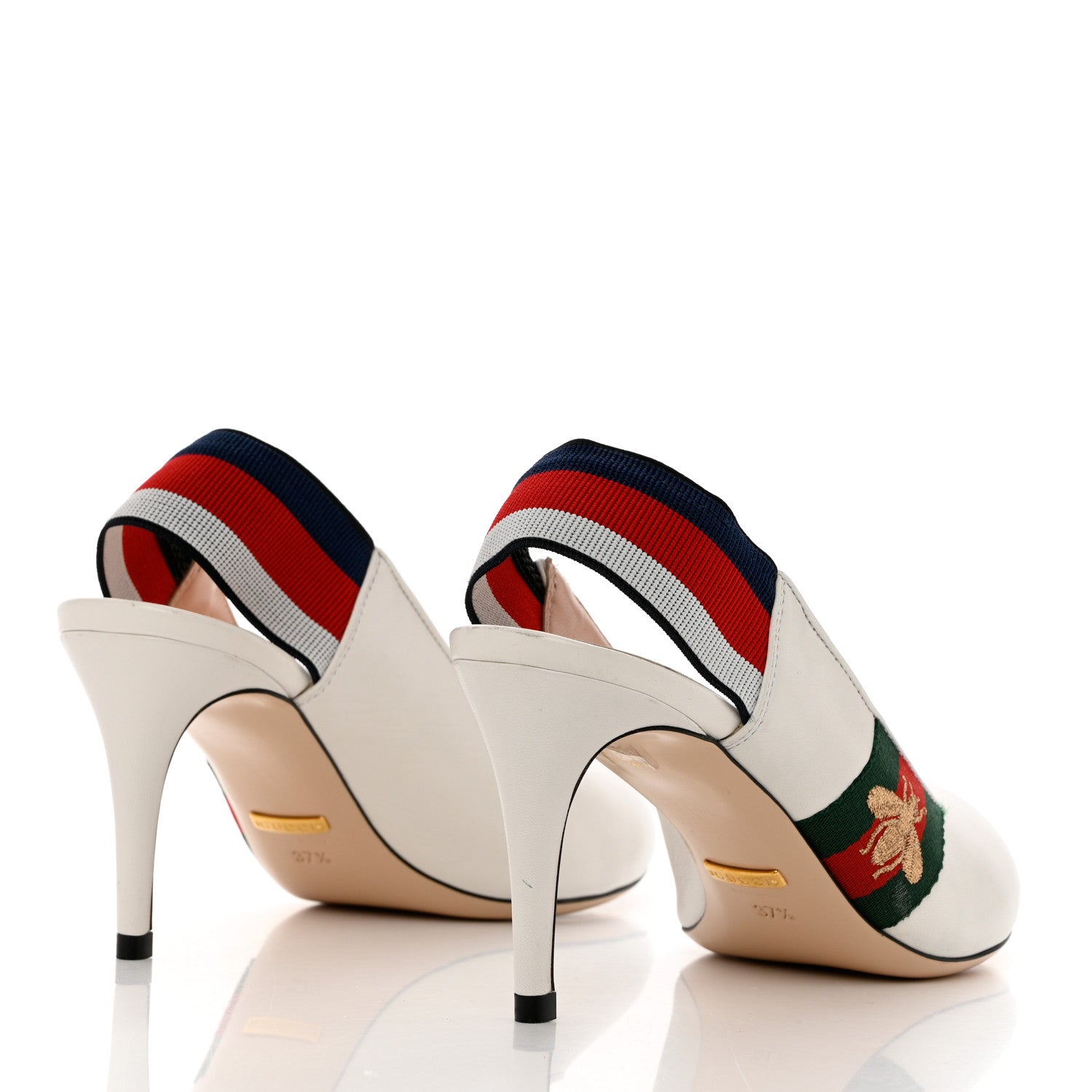 Gucci Malaga Kid Web Sylvie Mid Heel Slingback Pumps 37.5 White 4 of 10