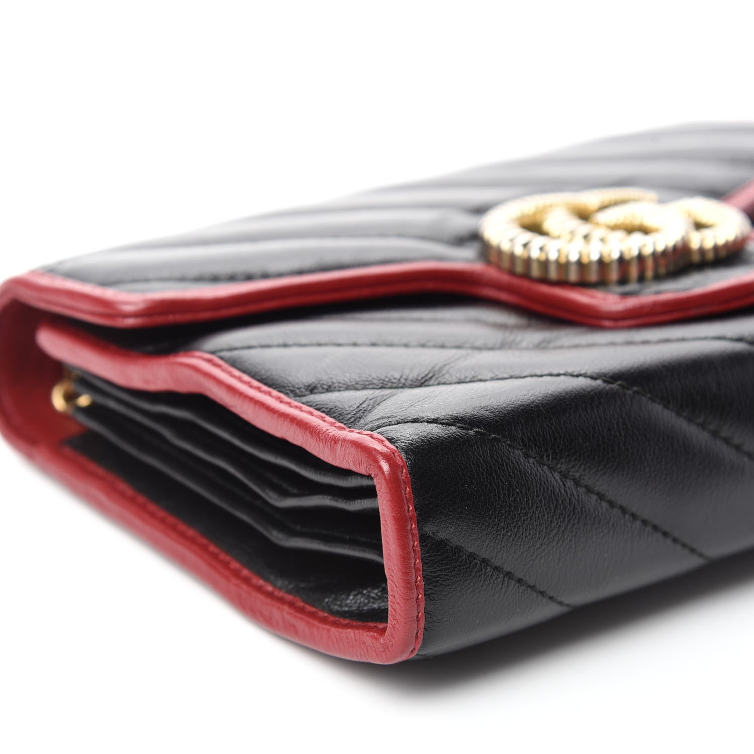 Gucci Vintage Effect Calfskin Matelasse Diagonal Torchon GG Marmont Chain Wallet Black Romantic Cherry 10 of 28