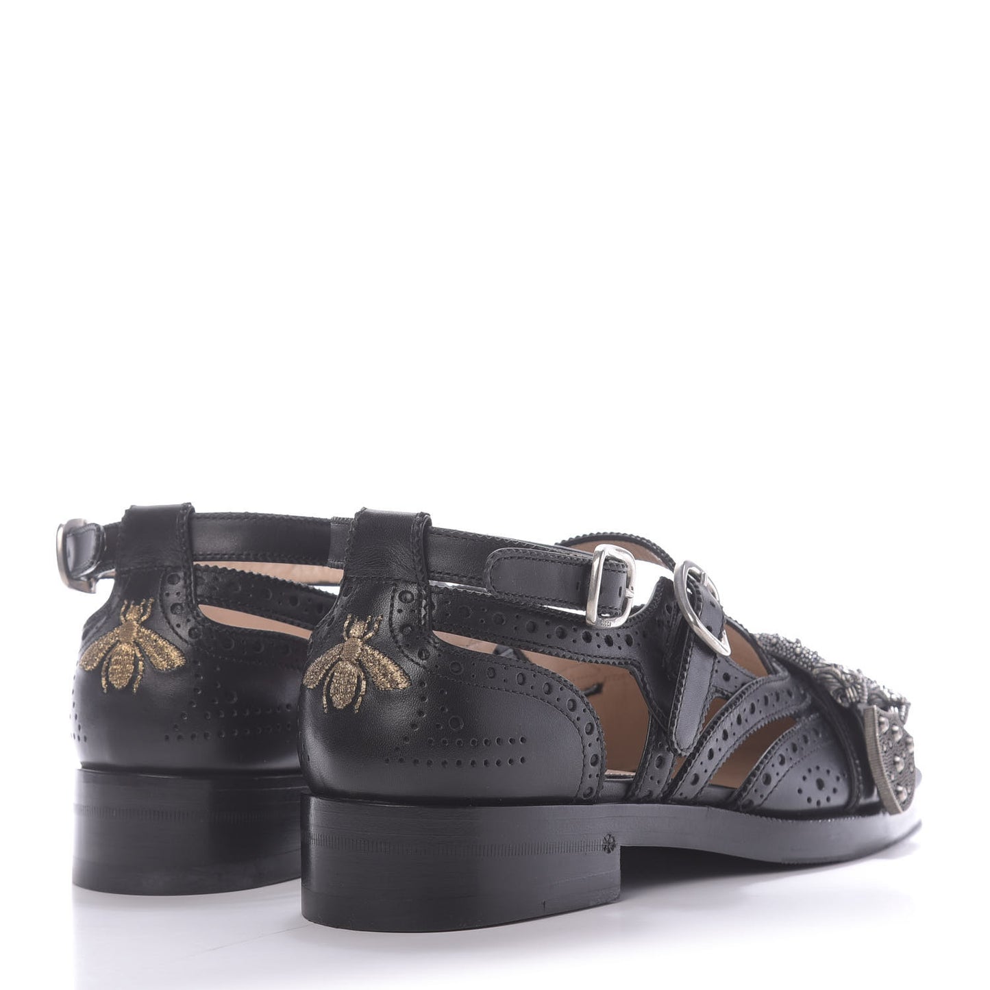 Calfskin Bee Embroidered Womens Queercore Brogue Wingtip Monk Strap Loafers 37.5 Black